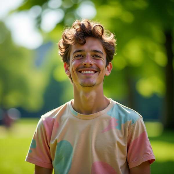 Happy man with curly hair in a park.