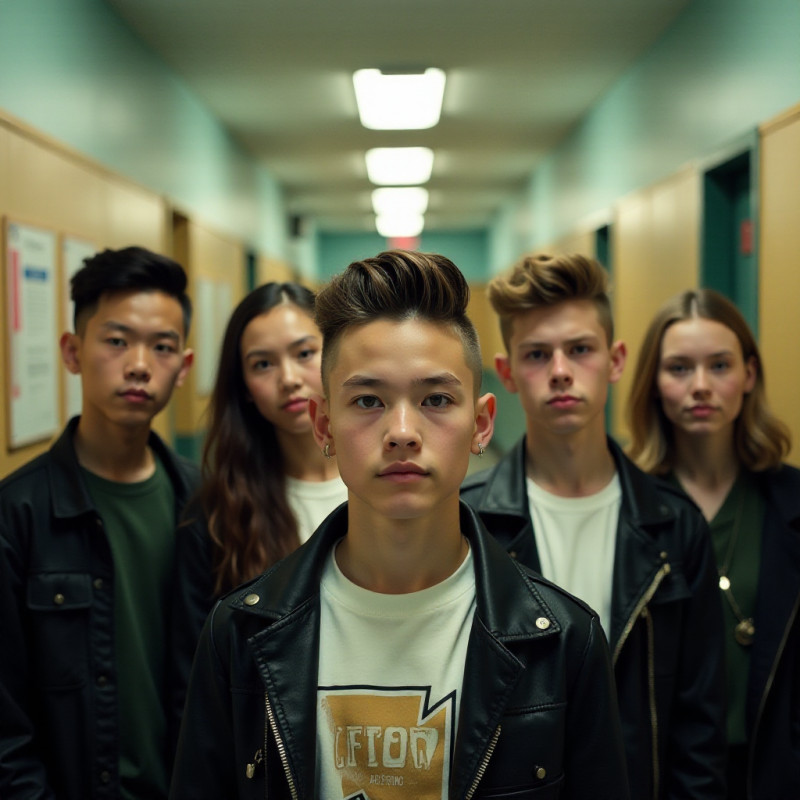 A group of students with trendy undercut hairstyles in a school setting.
