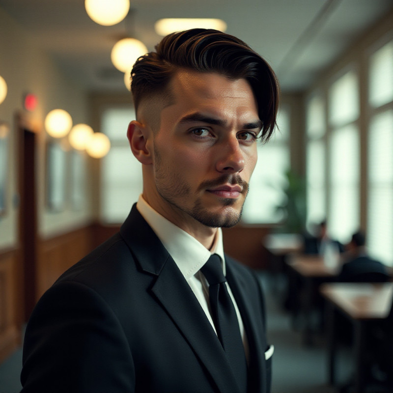 A male model showcasing a classic comb over fade hairstyle.