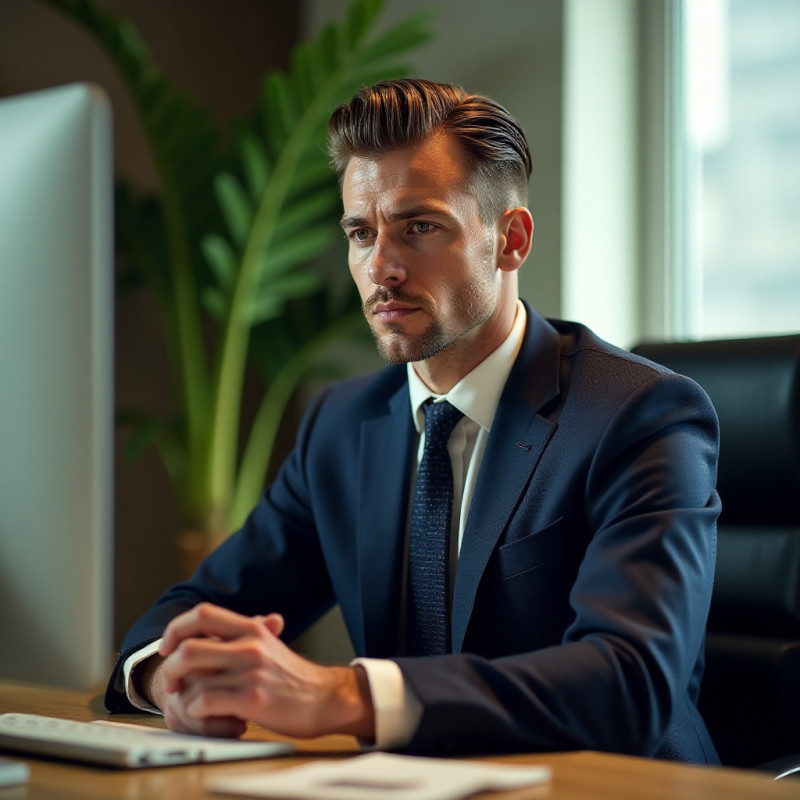 A man with a Side Part hairstyle sitting at an office desk.