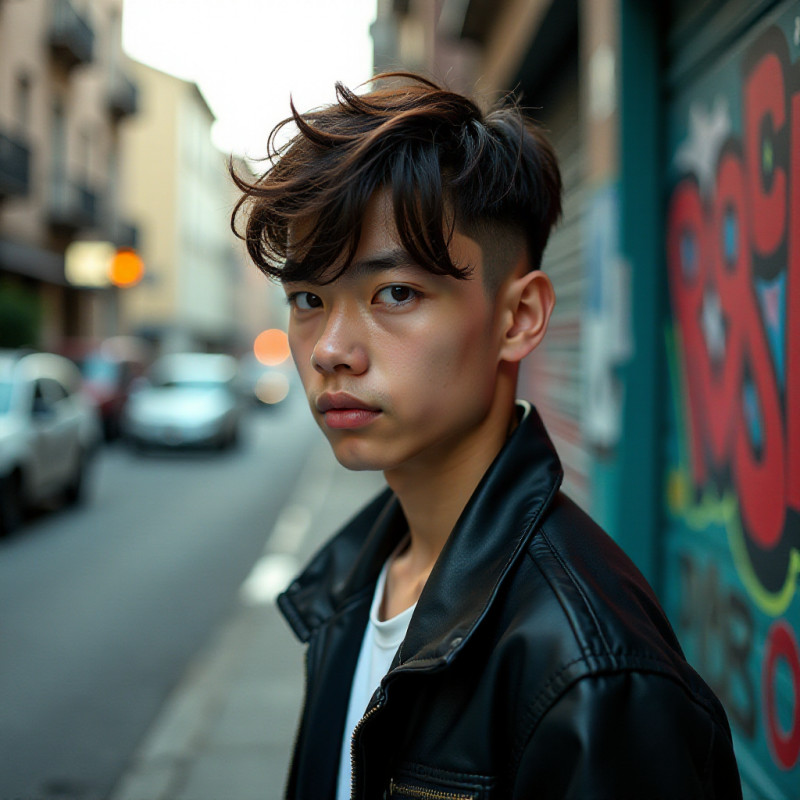 A teenager showing off an angular fringe haircut.
