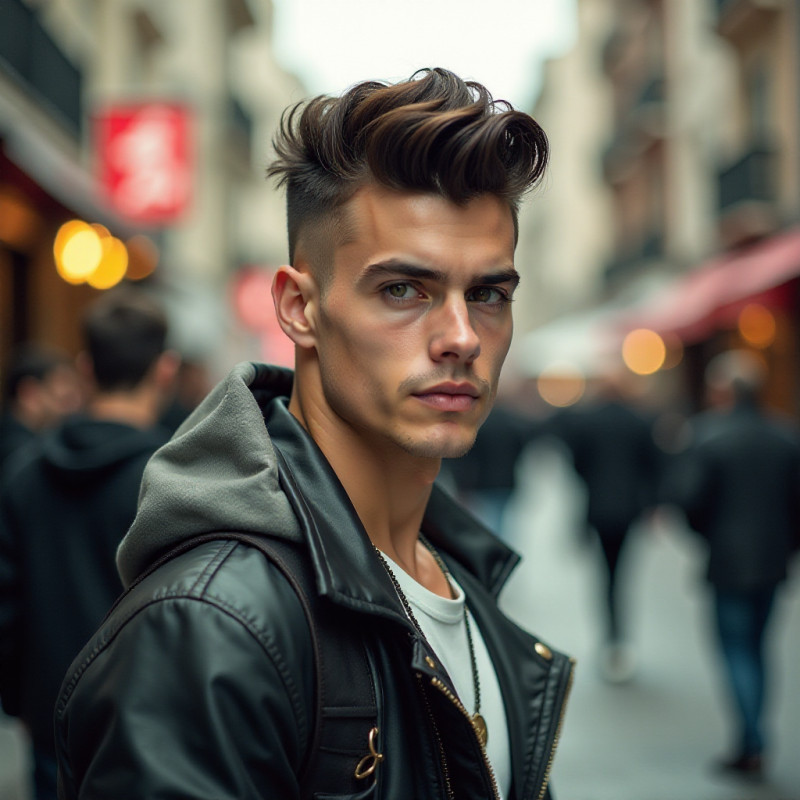 A young guy showcasing a pompadour fade hairstyle, standing confidently on a busy street.