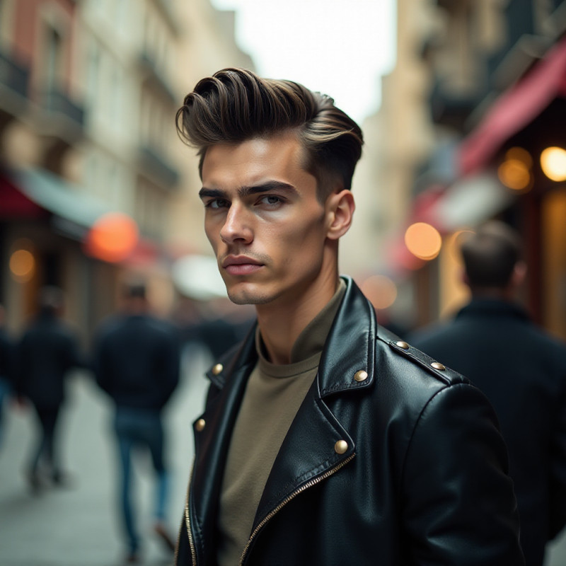 A young man featuring a classic pompadour haircut.