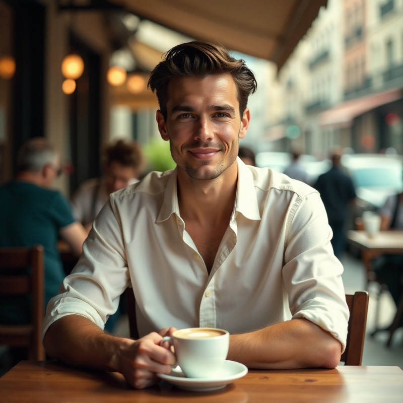 A young man with a side part hairstyle at a café.
