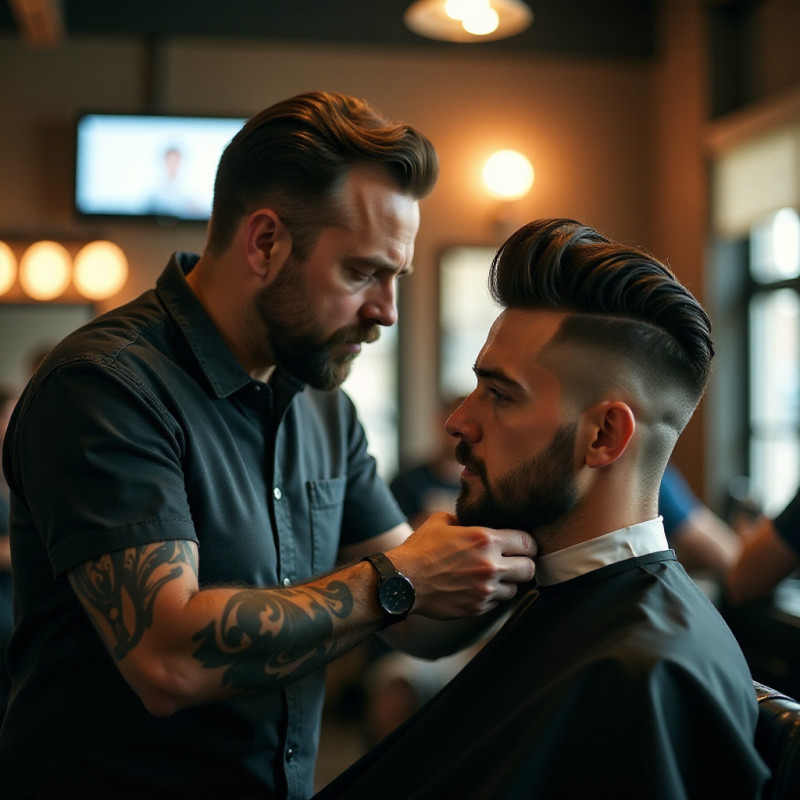 Barber consulting a customer about styling a quiff.