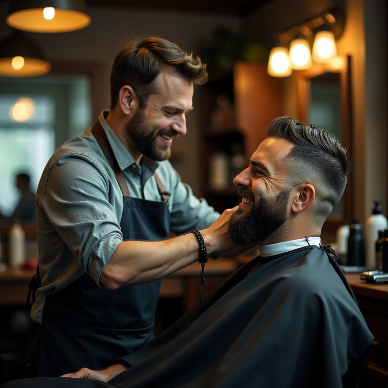 Barber conversing with client during haircut.