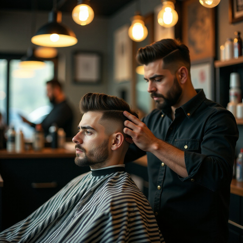Barber cutting hair for a quiff style.