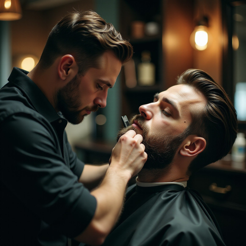 Barber trimming a customer's beard.