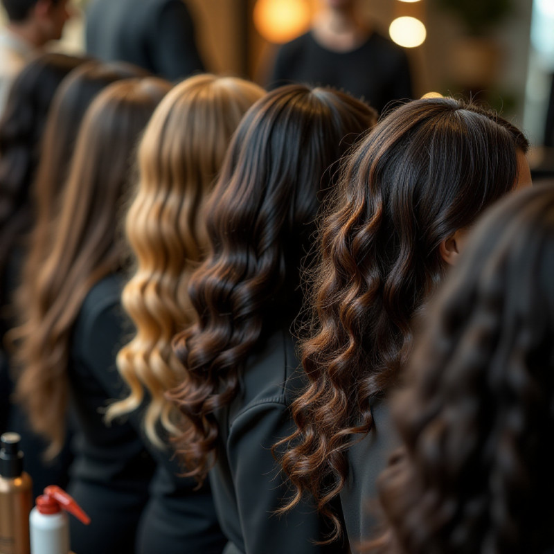 Close-up of various hair types and hair care products.