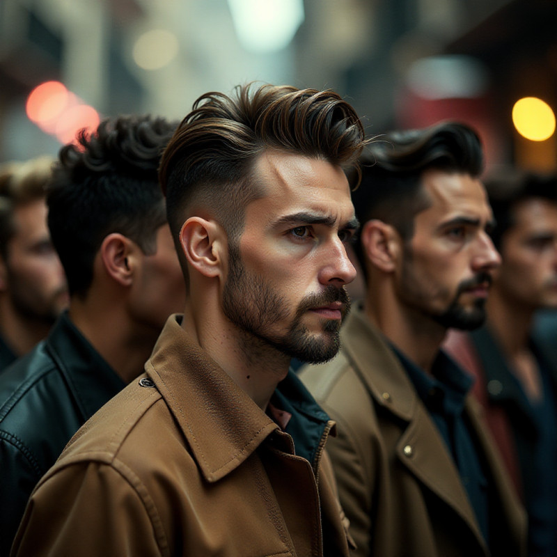 International men with diverse quiff hairstyles.