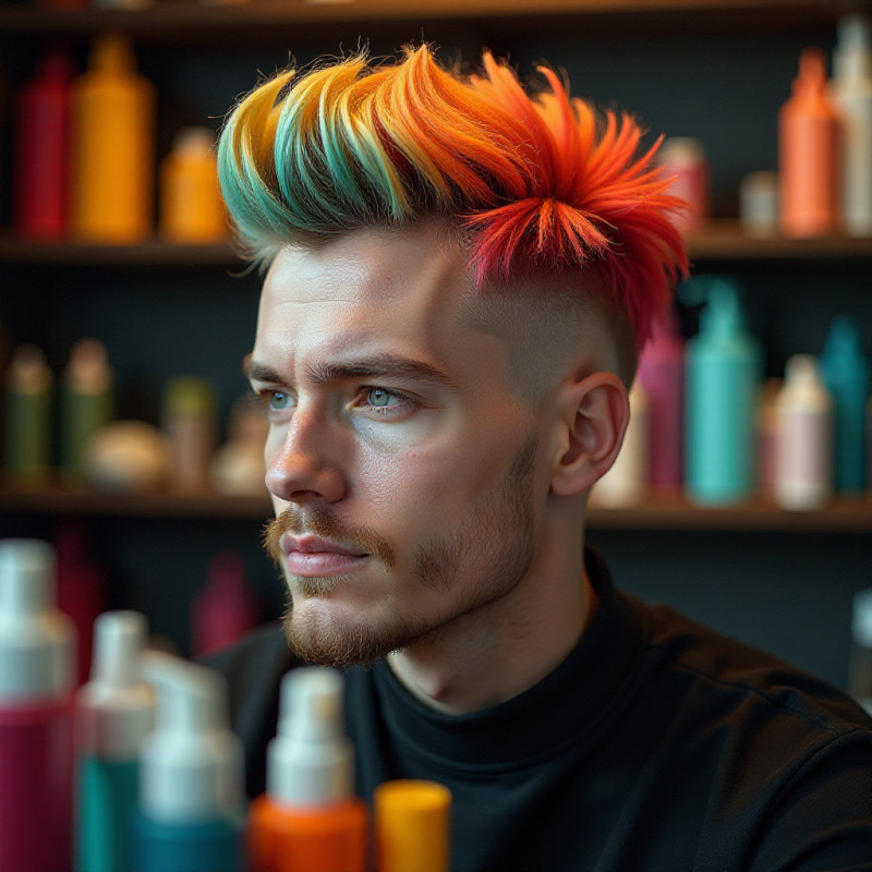 Man showing off a colorful quiff haircut.