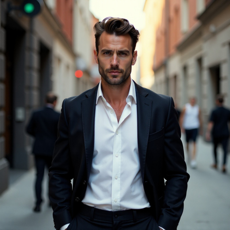 Man wearing a blazer and quiff hairstyle.