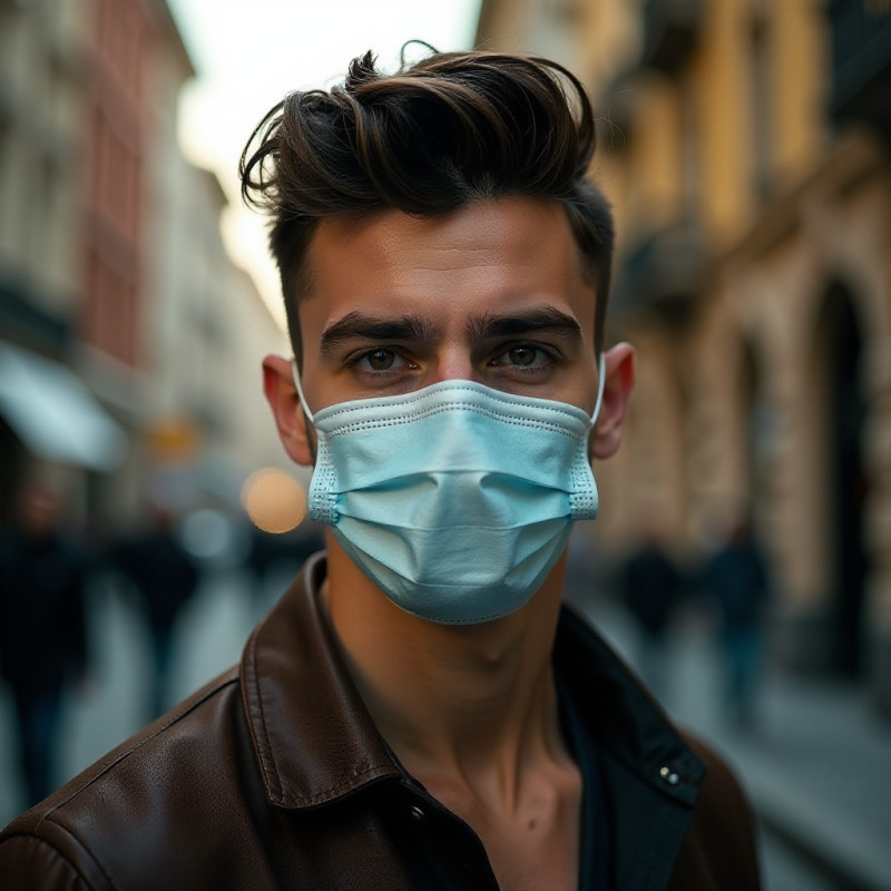 Man wearing a face mask and showcasing a quiff hairstyle.