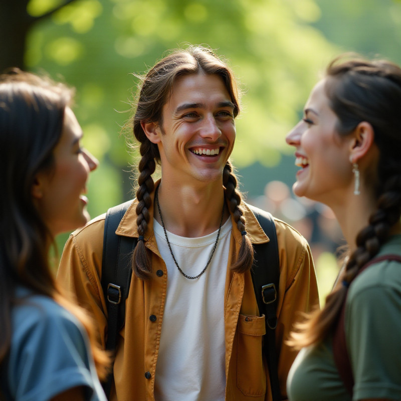 Man with braids laughing outdoors in a natural setting.