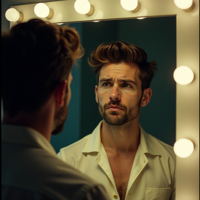 Man with excessive hair product, looking frustrated.