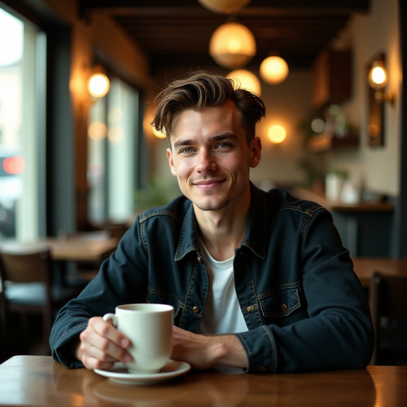 Man with side part haircut at a café.
