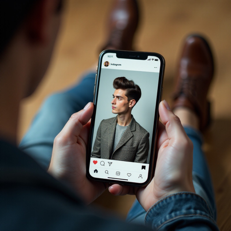 Phone displaying quiff hairstyle inspiration on social media.