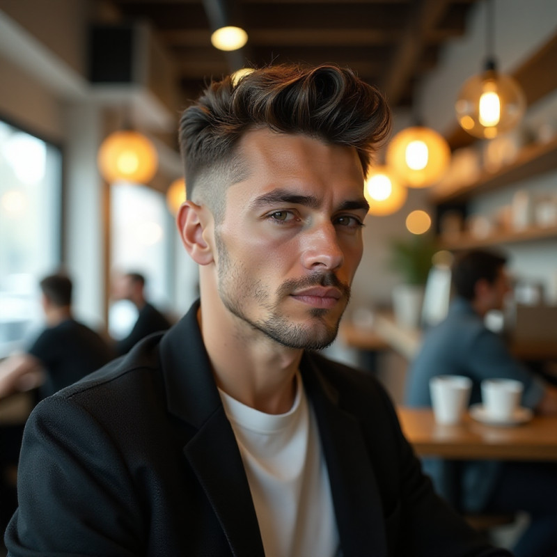 Young man with a textured quiff hairstyle in a cafe.