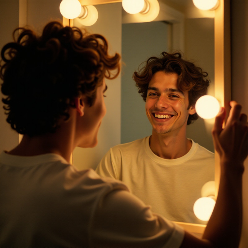 A man smiling in front of a mirror, embracing his curly hair.