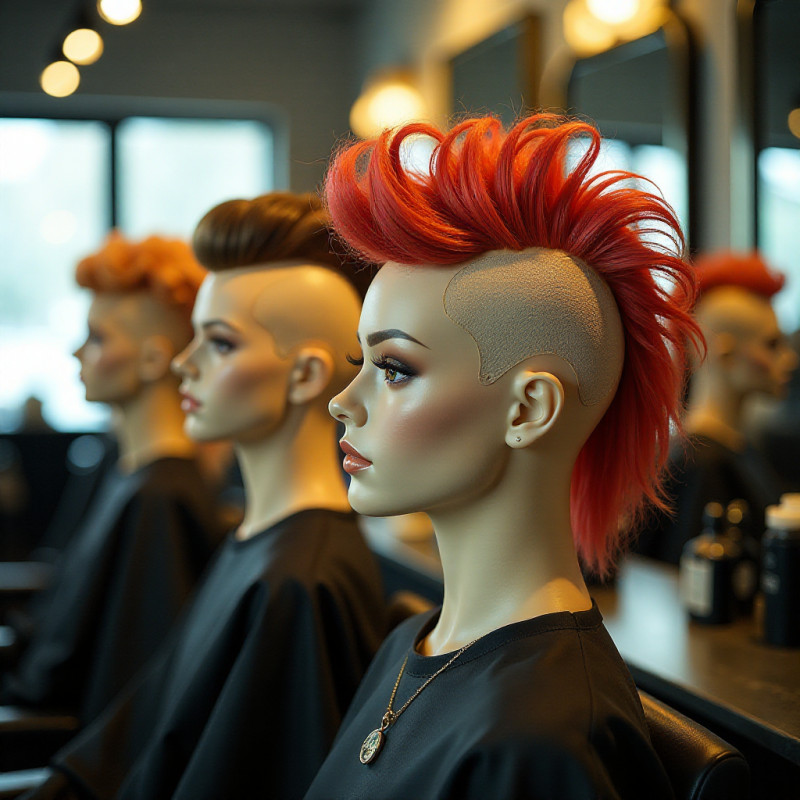 Mannequins showcasing different mohawk styles.