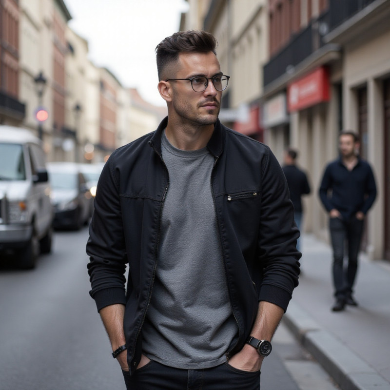 A man displaying a super short haircut in an urban setting. A man displaying a super short haircut in an urban setting.