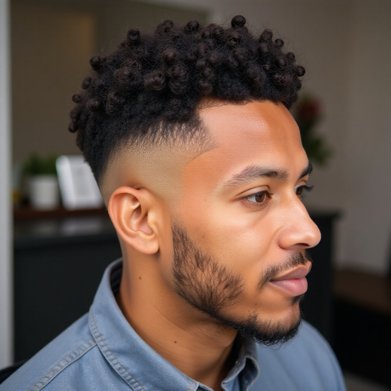 A man displaying coily hair with a fade cut. A man displaying coily hair with a fade cut.