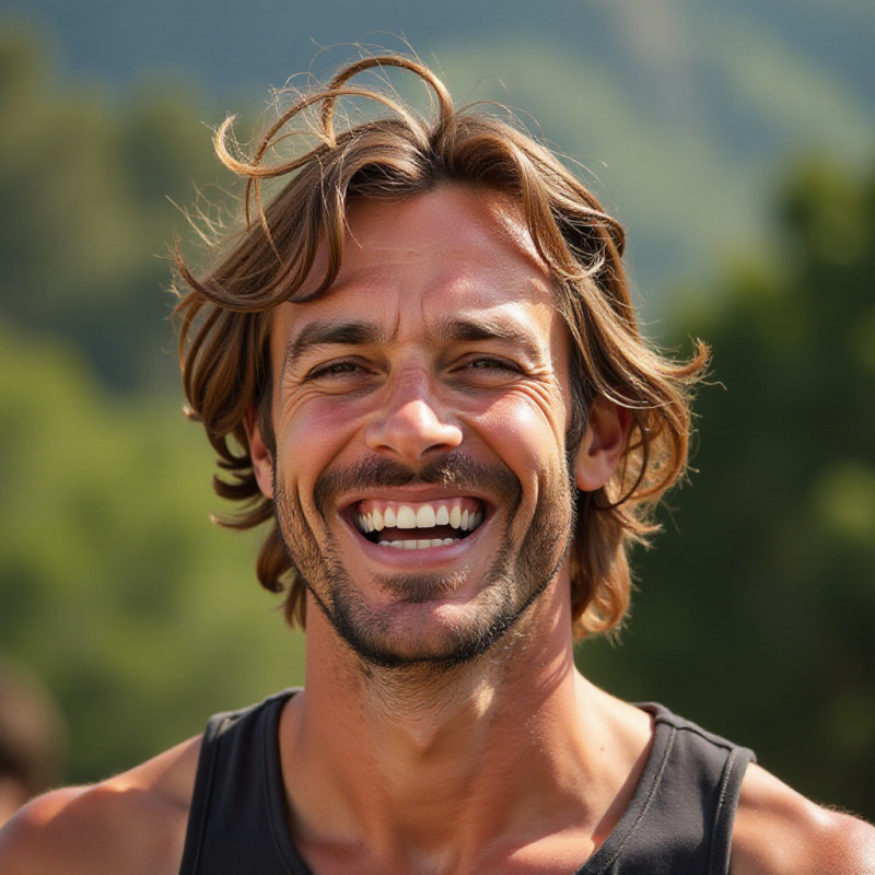 A man enjoying outdoor laughter with shaggy hair. A man enjoying outdoor laughter with shaggy hair.
