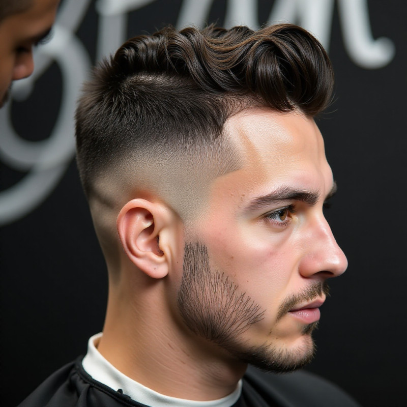 A man in a barbershop receiving a fade haircut.