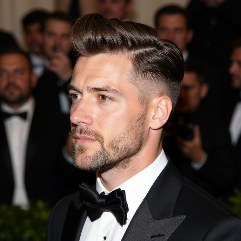 A man in formal attire showing a stylish pompadour hairstyle. A man in formal attire showing a stylish pompadour hairstyle.