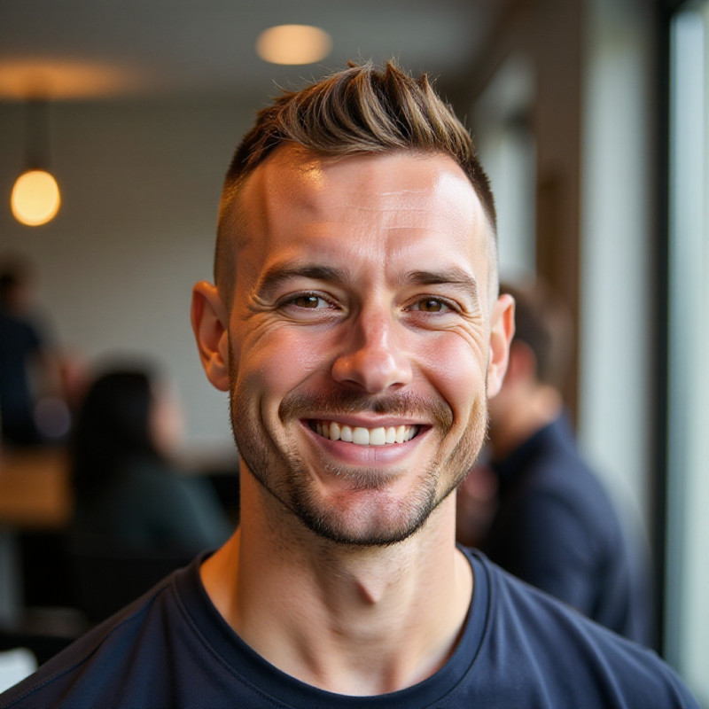 A man showcasing a clean crew cut in a casual environment. A man showcasing a clean crew cut in a casual environment.