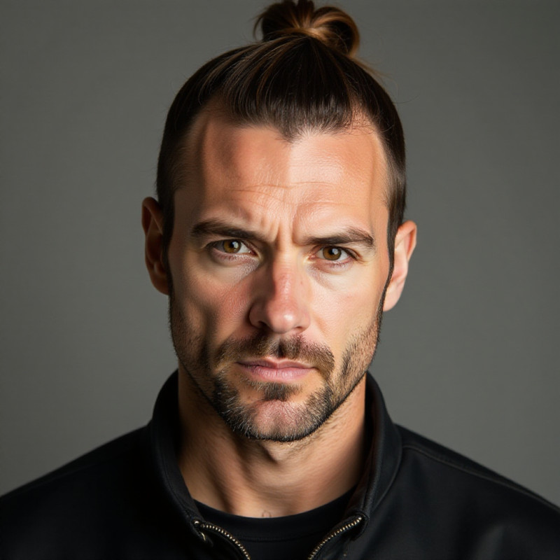 A man showcasing a rat tail hairstyle boldly. A man showcasing a rat tail hairstyle boldly.