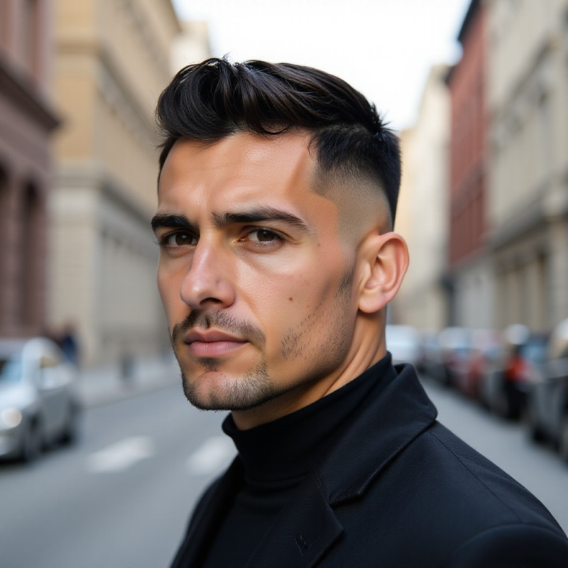 A man with a French crop hairstyle in the city. A man with a French crop hairstyle in the city.