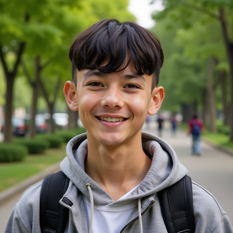 A man with a bowl cut hairstyle in a park. A man with a bowl cut hairstyle in a park.