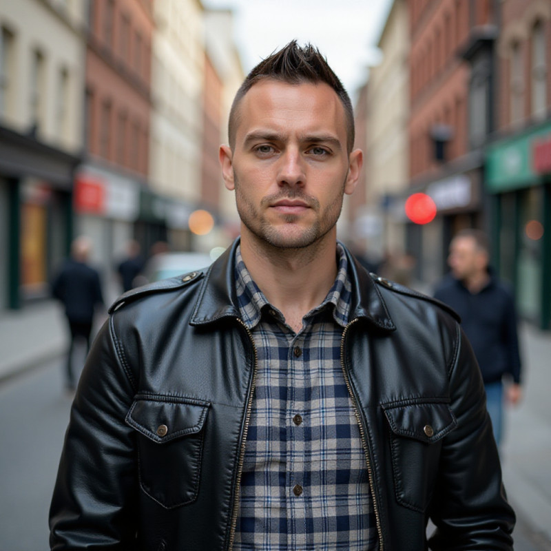 A man with a buzz cut in a city background. A man with a buzz cut in a city background.