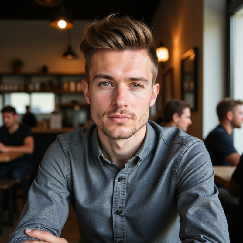 A man with a quiff hairstyle at a café. A man with a quiff hairstyle at a café.