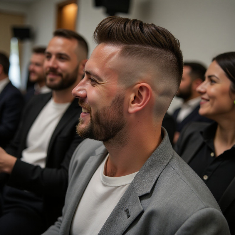 A man with an undercut haircut hanging out with friends. A man with an undercut haircut hanging out with friends.