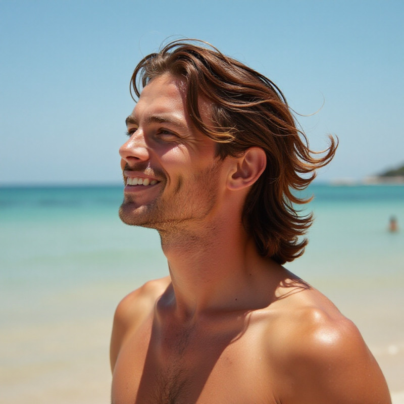 A man with long layered hair at the beach. A man with long layered hair at the beach.