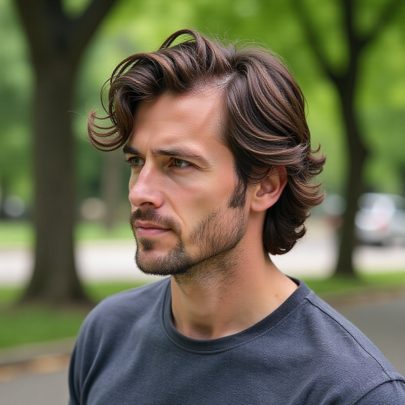 A man with wavy layers walking in a park. A man with wavy layers walking in a park.