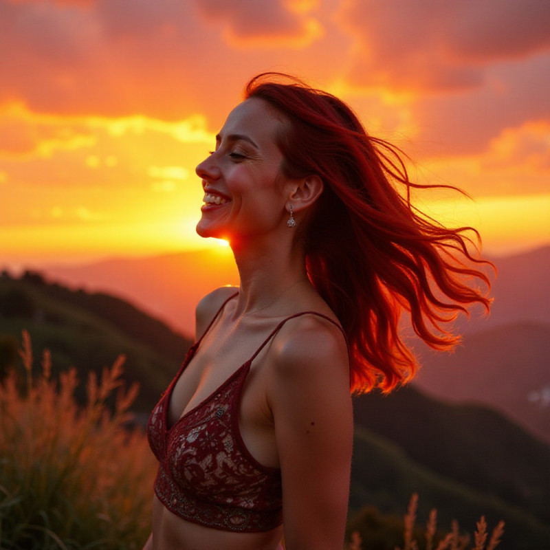 A person with a mix of burgundy and orange hair at sunset. A person with a mix of burgundy and orange hair at sunset.
