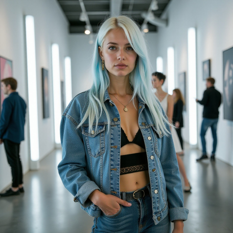A person with blue-white blonde hair at an art installation. A person with blue-white blonde hair at an art installation.