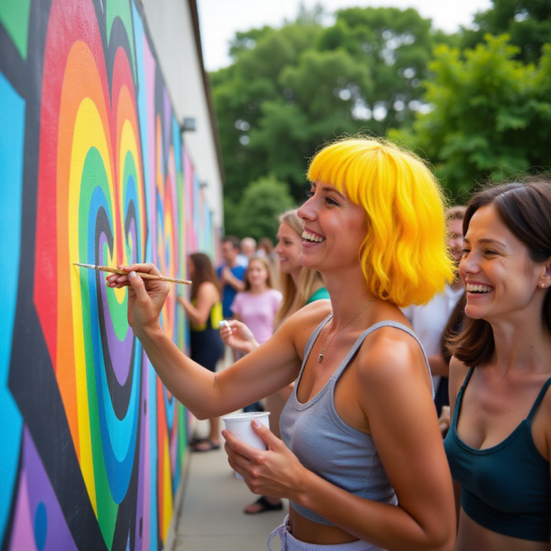 A person with bold yellow hair painting a mural. A person with bold yellow hair painting a mural.