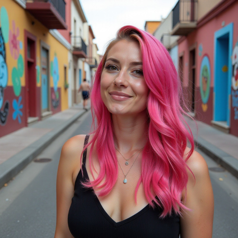 A person with bright pink balayage among street art. A person with bright pink balayage among street art.