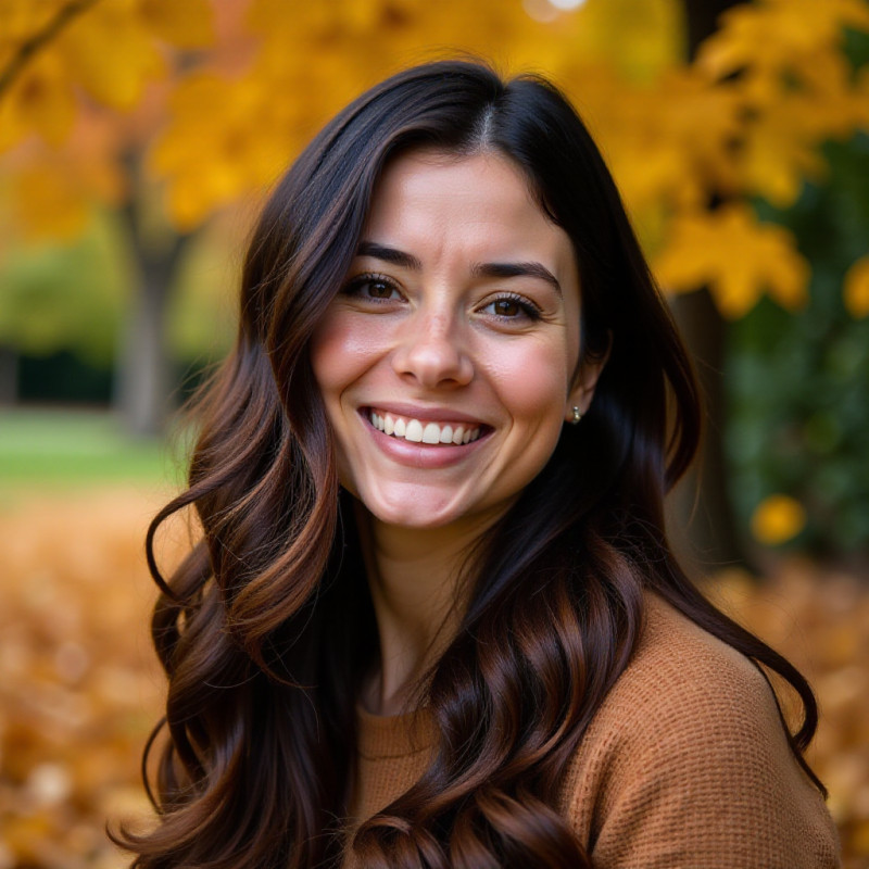 A person with copper highlights in autumn leaves. A person with copper highlights in autumn leaves.