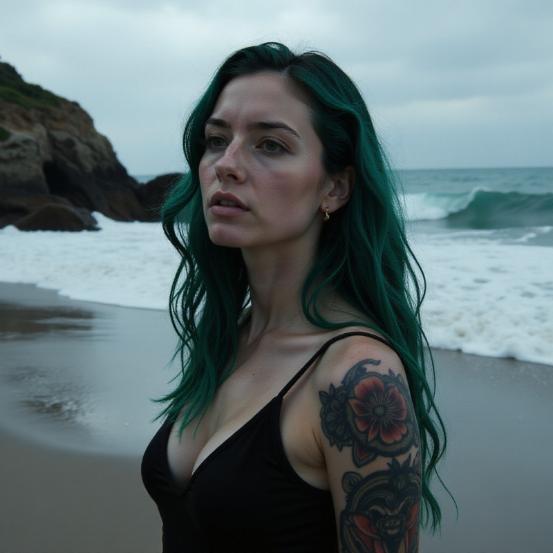 A person with deep teal hair by the ocean. A person with deep teal hair by the ocean.