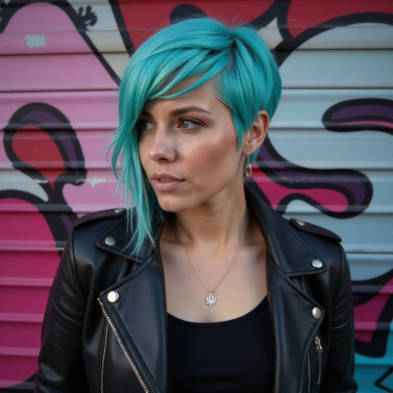 A person with electric blue hair in an urban setting. A person with electric blue hair in an urban setting.