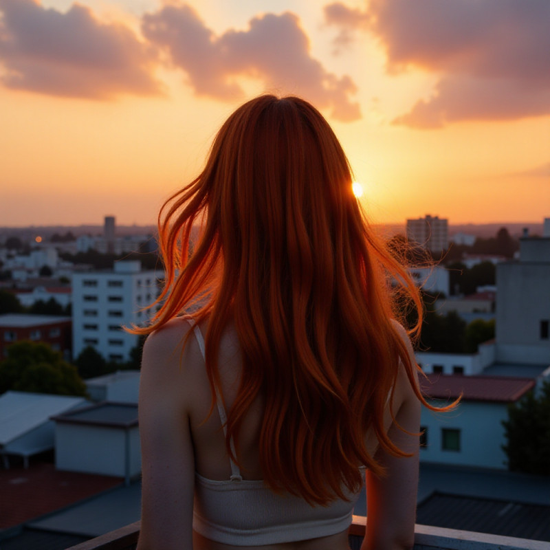 A person with fiery red hair on a rooftop at sunset. A person with fiery red hair on a rooftop at sunset.
