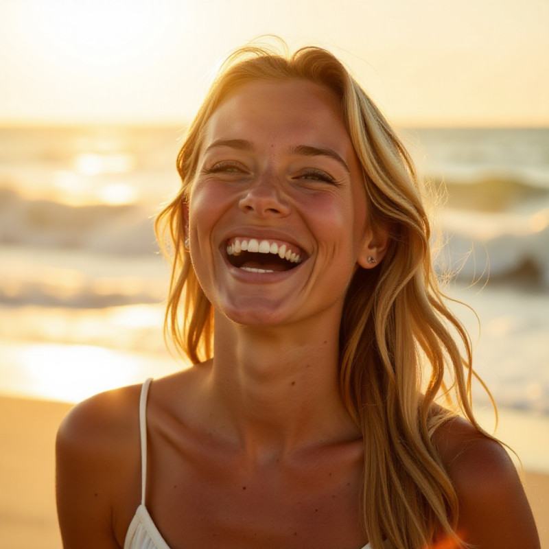 A person with golden blonde hair on a sunny beach. A person with golden blonde hair on a sunny beach.