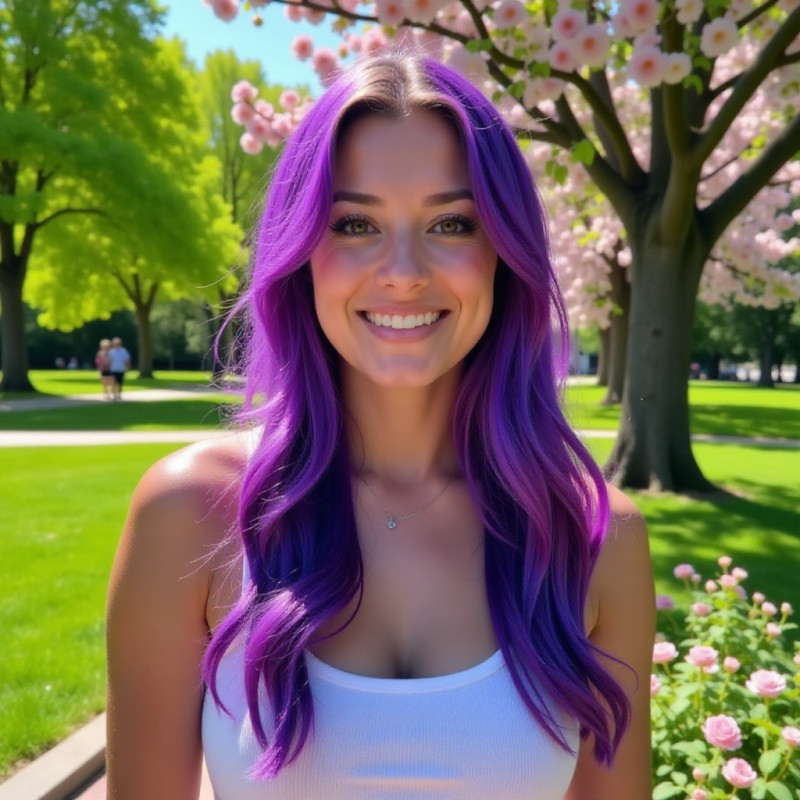 A person with long vibrant purple hair in a park.