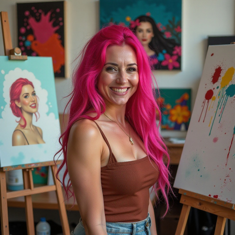 A person with magenta hair in an art studio. A person with magenta hair in an art studio.