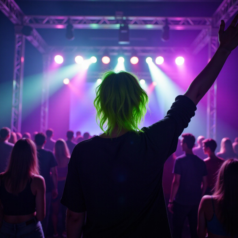 A person with neon green hair performing at a concert. A person with neon green hair performing at a concert.